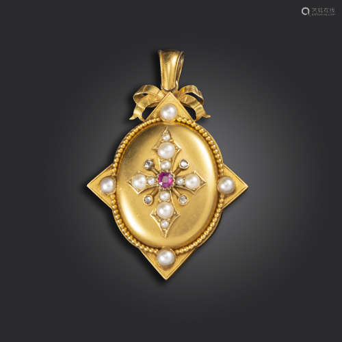 A Victorian gem-set gold locket pendant, of oval quatrefoil form, surmounted with a cross set with