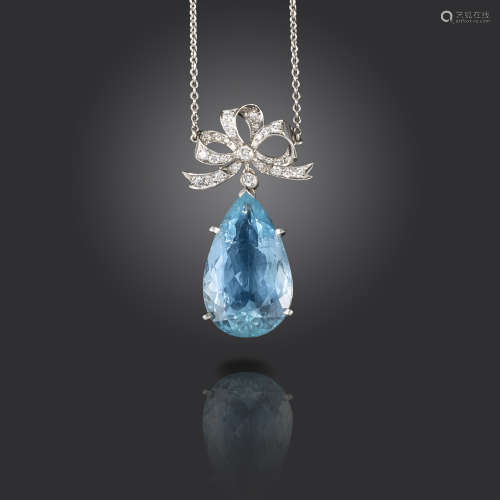 An aquamarine and diamond pendant, the diamond-set bow suspends a pear-shaped aquamarine weighing