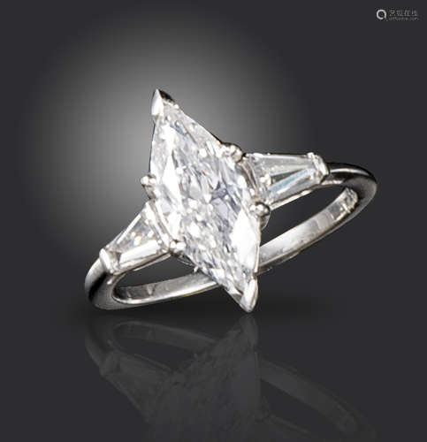 A diamond solitaire ring, the marquise-shaped diamond weighs approximately 1.60cts, set with two