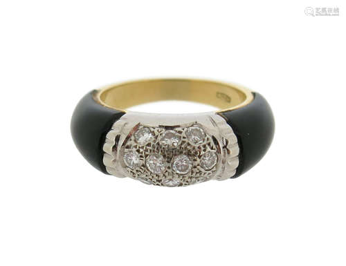 A black enamel and diamond half-hoop ring, set with circular-cut diamonds and black enamel borders