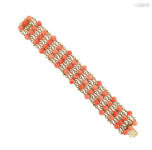 λ A coral and diamond-set gold bracelet, set with pink coral beads and circular-cut diamonds in