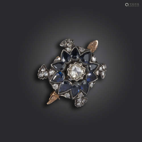 A late 19th century sapphire and diamond-set turtle brooch, the body centred with a rose-cut diamond