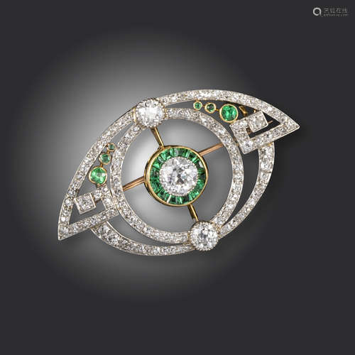 An Art Deco emerald and diamond brooch pendant, centred with a circular-cut diamond within a