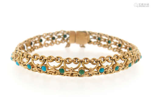 A turquoise mounted fancy-link gold bracelet, 18.5cm long, 19.9g