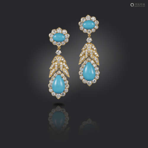 A pair of turquoise and diamond drop earrings, set with turquoise cabochons in surrounds of