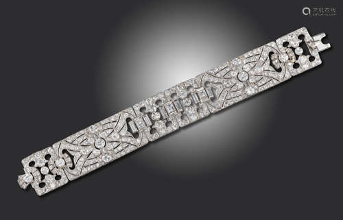 An Art Deco diamond bracelet by S.J.Rood, set with graduated square and baguette-shaped diamonds