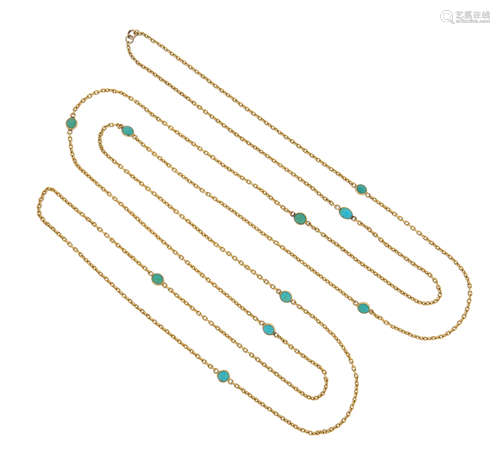 An Edwardian turquoise-set gold long chain, set with cabochon turquoises in gold spectacle mounts on