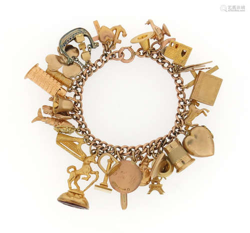 A gold charm bracelet, the gold curb link bracelet mounted with thirty-two assorted gold charms,