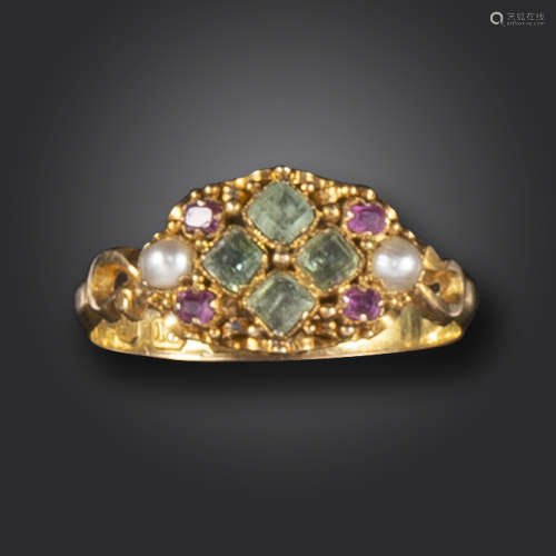 A Victorian gem-set gold ring, set with emeralds, rubies and seed pearls in 18ct yellow gold,