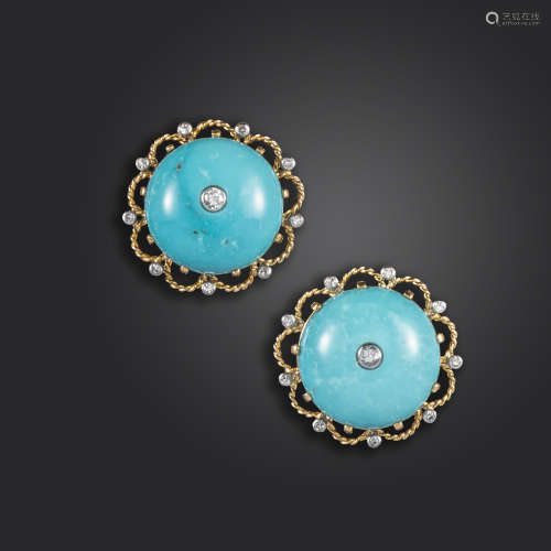 A pair of turquoise and diamond earrings by Cartier, the circular turquoise cabochons centred with a