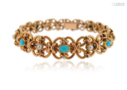 A gem-set gold bracelet, set with seed pearls and turquoise within openwork quatrefoil gold links,