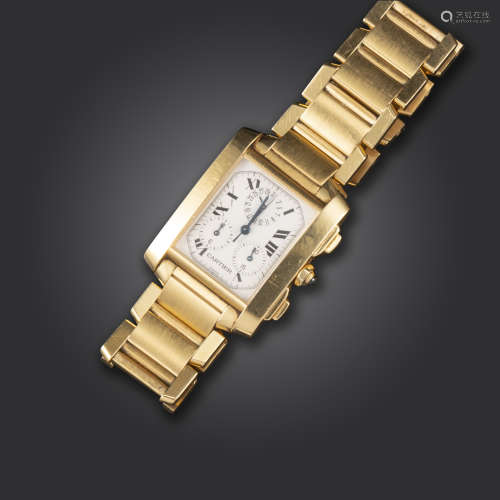 A gold Tank Francais calendar chronograph wristwatch by Cartier, the signed rectangular dial with
