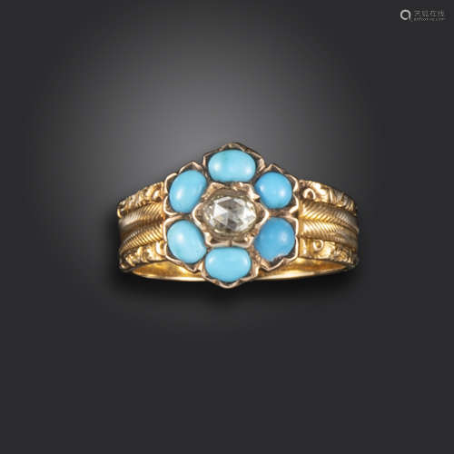 A George IV diamond and turquoise cluster ring, of flowerhead design, centred with a rose-cut