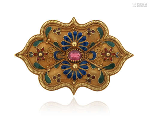 An Italian gold brooch, centred with an oval-shaped ruby, foliate decoration highlighted in blue and