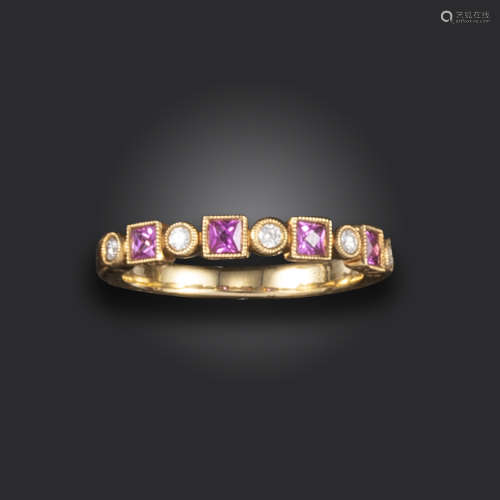 A pink sapphire and diamond half-hoop ring, set with round brilliant-cut diamonds and French-cut