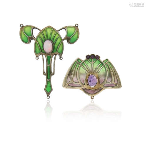 A Jugendstil plique-ΰ-jour enamel silver pendant by Ernst Gideon Bek, set with an opal, with green