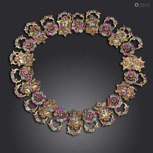 A 19th century ruby and emerald collar necklace, formed as a series of openwork and scrolling