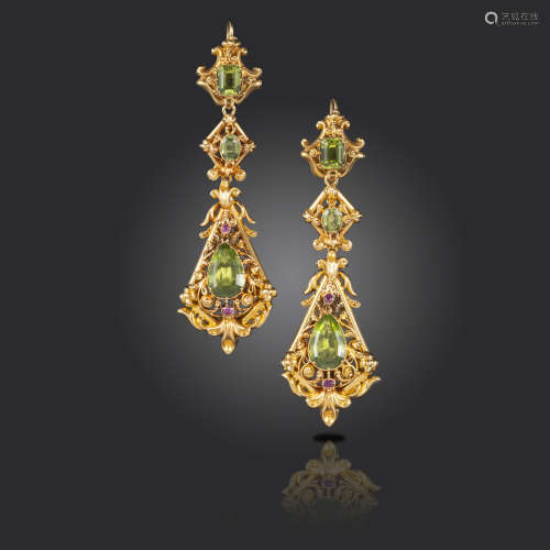 A pair of Regency gem-set gold drop earrings, the foliate scroll repousse gold mounts with pellet