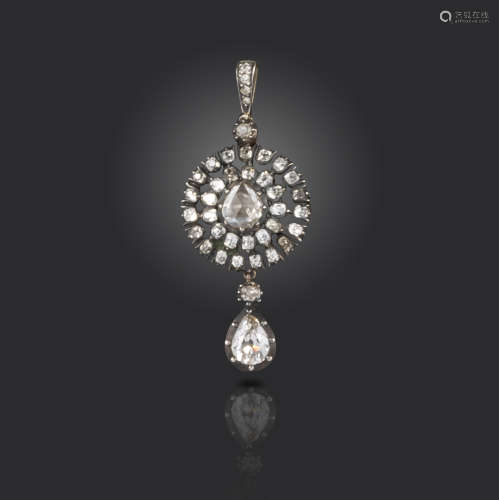 A late George III diamond pendant, centred with a rose-cut diamond in closed-back silver mount,