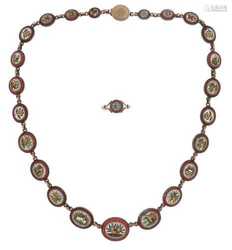 A 19th century micromosaic necklace and ring, the necklace formed with graduated oval-shaped