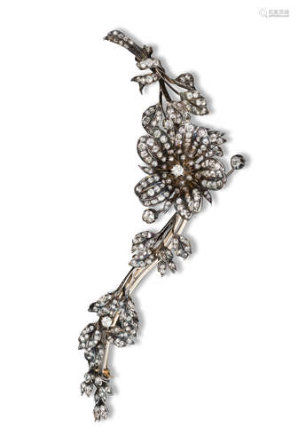 A Victorian diamond-set wild rose corsage, set overall with graduated old circular-cut diamonds in