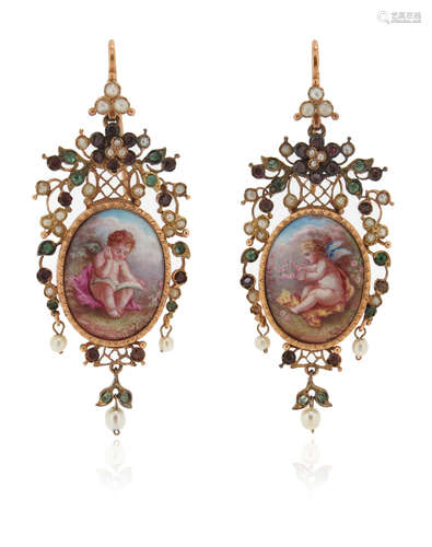 A pair of 19th century enamel and gem-set gold drop earrings, the oval enamels decorated with