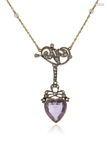 An Edwardian amethyst and diamond heart pendant, the amethyst heart suspended from a diamond-set