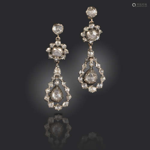 A pair of diamond drop earrings, probably Iberian 18th century, of three section and set overall