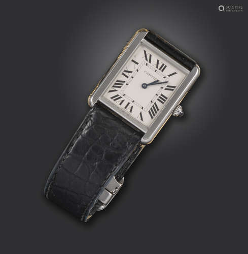 A Tank Solo steel wristwatch by Cartier, the signed rectangular white dial with Roman numerals, blue