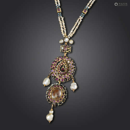 A late Renaissance ruby and pearl necklace, c1680, the pendant set with table-cut rubies and with