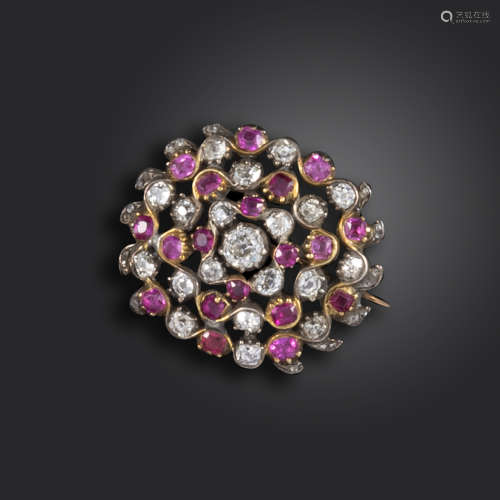 A George III ruby and diamond brooch, set with old cushion-shaped rubies and diamonds, mounted in