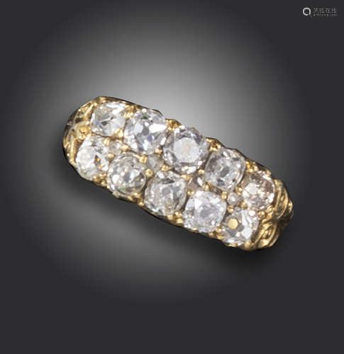 A late 19th century two-row diamond half-hoop ring, set with ten old circular-cut diamonds in yellow