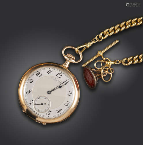 A yellow gold open faced pocket watch by Patek Philippe, the signed dial with Arabic numerals,