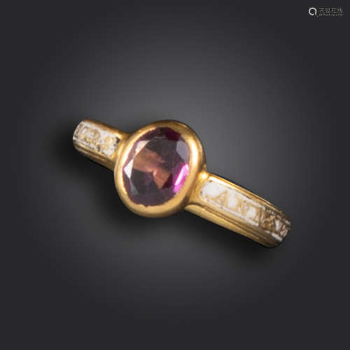 A George III gold mourning ring, set with an oval-shaped garnet, the shank with white enamel
