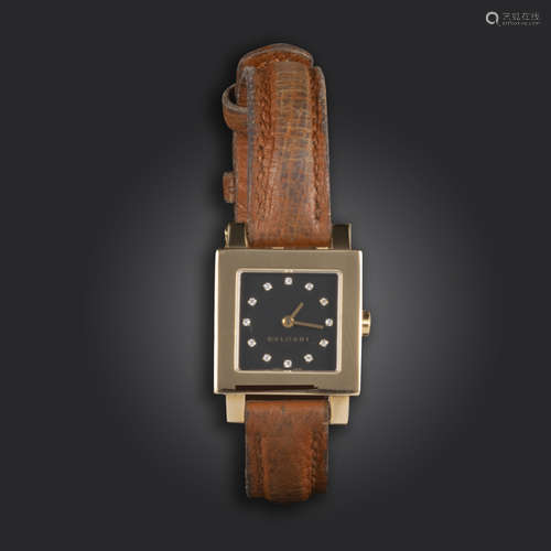 A lady's gold wristwatch by Bulgari, the signed black square dial with circular-cut diamond