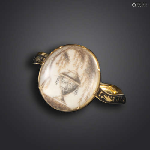 A George III black enamel mourning ring, the oval plaque painted with an urn and willows (possibly