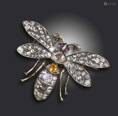 A Victorian fancy-coloured diamond-set bee brooch, the stamen and abdomen set with fancy-coloured