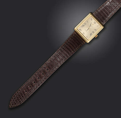 A gold Cellini wristwatch by Rolex, the signed rectangular dial with Roman numerals, Model no. 4103,