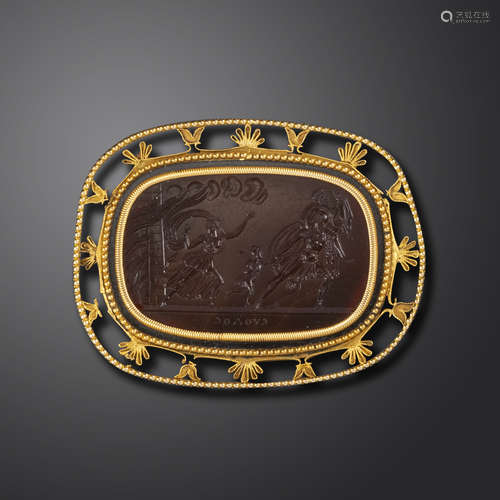 An early 19th century sardonyx intaglio depicting the family of Aeneas quitting Troy, Aeneas