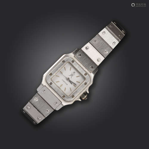 A platinum Santos wristwatch by Cartier, the square signed white dial with baton numerals, with