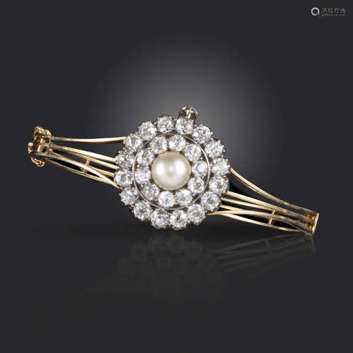 A Victorian natural pearl and diamond convertible bangle, the natural pearl set within a double