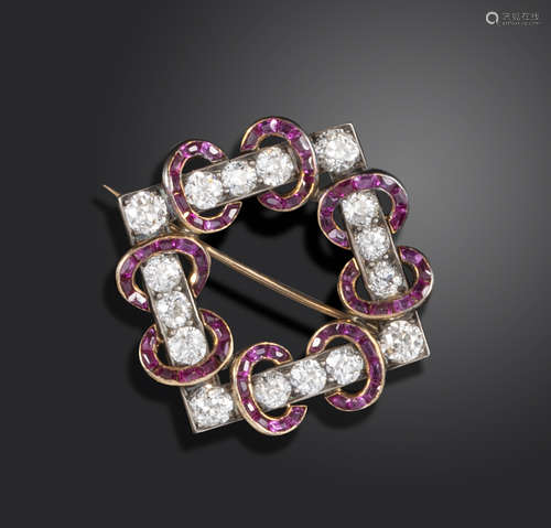 A late 19th century ruby and diamond square brooch, applied with a pair of loops set with calibre-