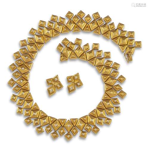 A diamond-set yellow gold articulated collar necklace by Lalaounis, formed with lozenge and