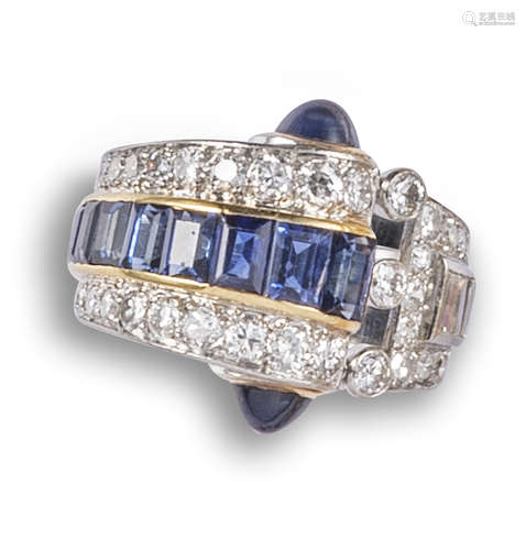 A French sapphire and diamond scroll ring, c1940, set with a central line of graduated baguette-