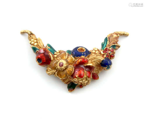 A gold and enamel hanging ornament, unmarked, modelled as a foliate swag with vari-coloured enamel