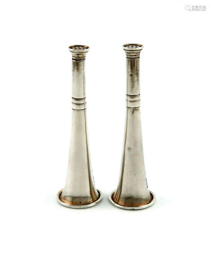 A pair of late-Victorian silver novelty horn pepper pots, by Wright & Davies, London 1896,