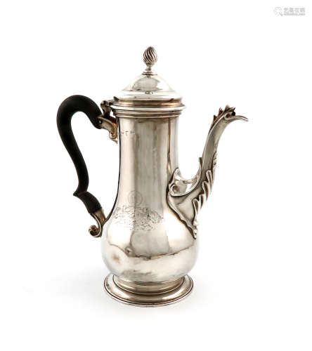 A George III silver coffee pot, possibly by Abraham Portal, London 1765, baluster form, scroll