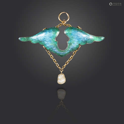 An enamel wings pendant by Child & Child, the stylised wings decorated with green and blue enamel on