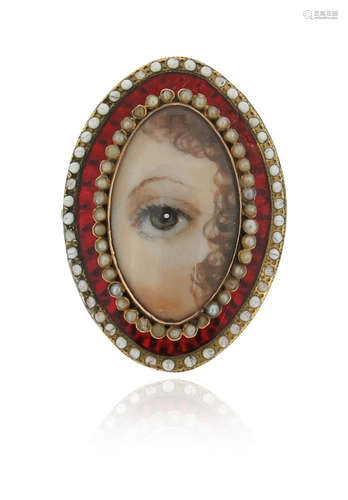 An eye miniature ring, of lozenge-shape, within seed pearl and white and red enamel border in