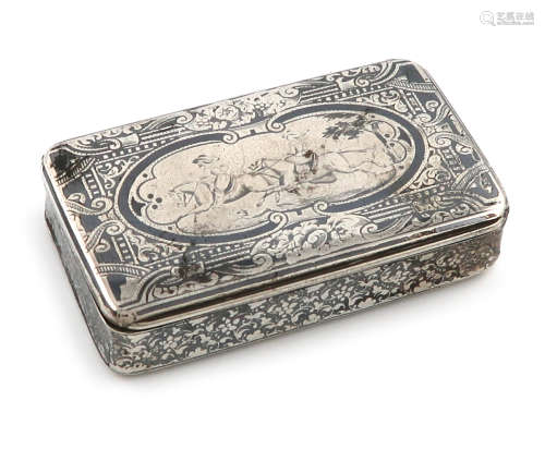 A 19th century French silver and niello work snuff box, rectangular form, the cover with a scene